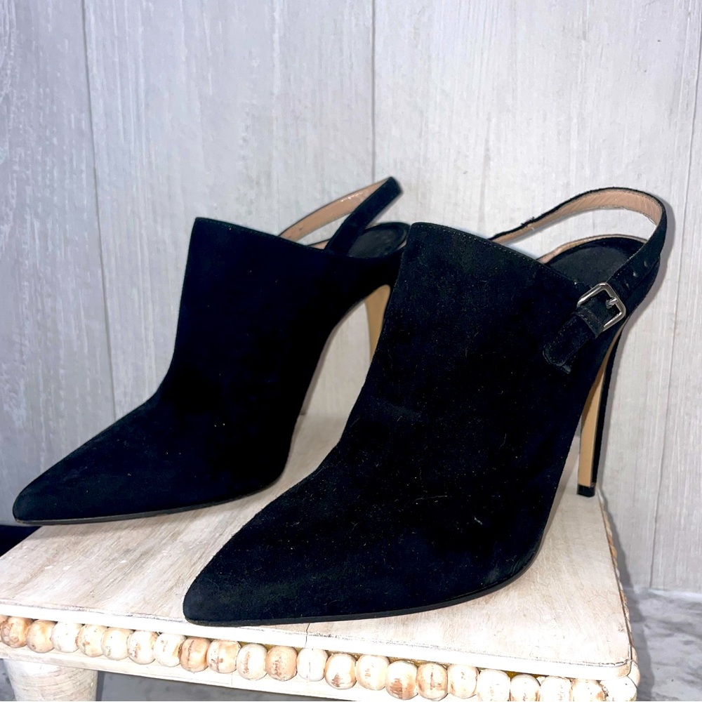 Miu Miu Suede Slingback Mule Pumps Bootoes Heels Pointed Toe Womens Size 38.5 8